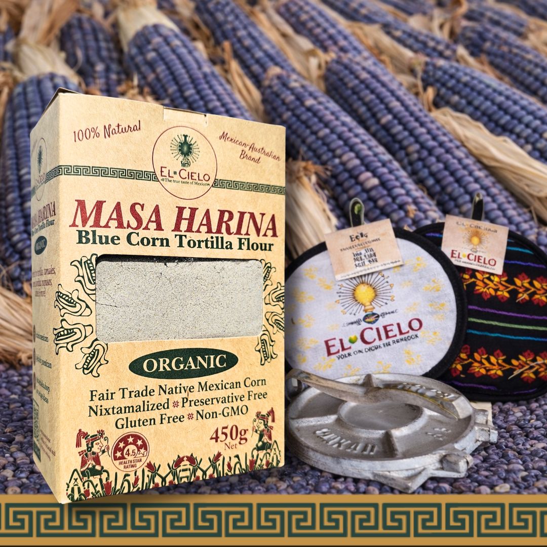 Ultimate - Blue Corn Masa Flour - Home Made Corn Tortillas Kit (Tortilla press + Tortilla warmer + Blue corn masa flour)