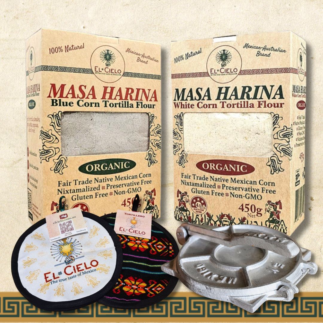 Organic Blue & White Corn Masa Harina + Tortilla Press + Tortilla Warmer Super Bundle